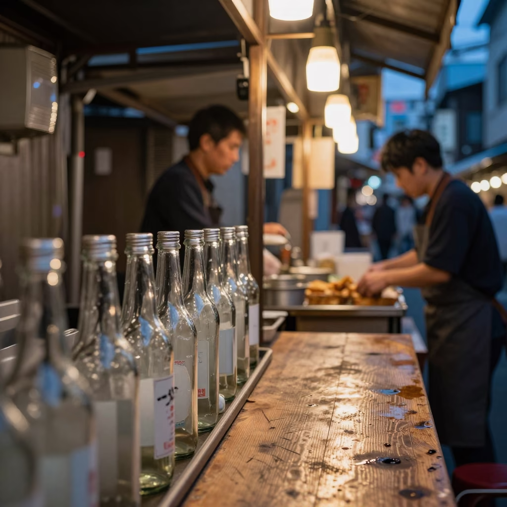Twilight Street Food Stall with Glass Bottles in Osaka Japan in in Osaka, Japan
