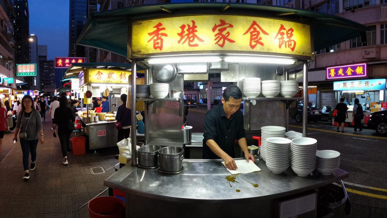 Twilight street food stall with leaf shadows and tea stains in Hong Kong in in Hong Kong, Hong Kong