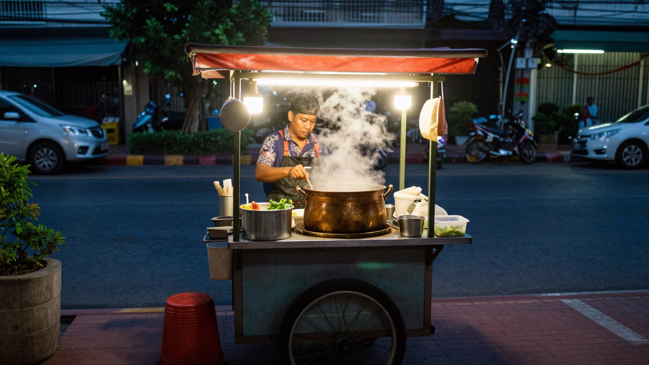 Twilight Street Food Vendor in Bangkok Thailand Cooking Morning Glory and Copper Pot in in Bangkok, Thailand