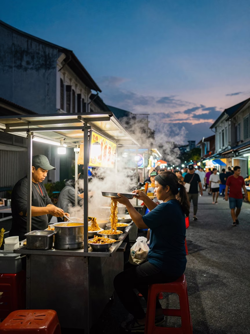 Twilight Street Food Vendor in George Town Malaysia with Steam Haze and Garlic Press in in George Town, Malaysia
