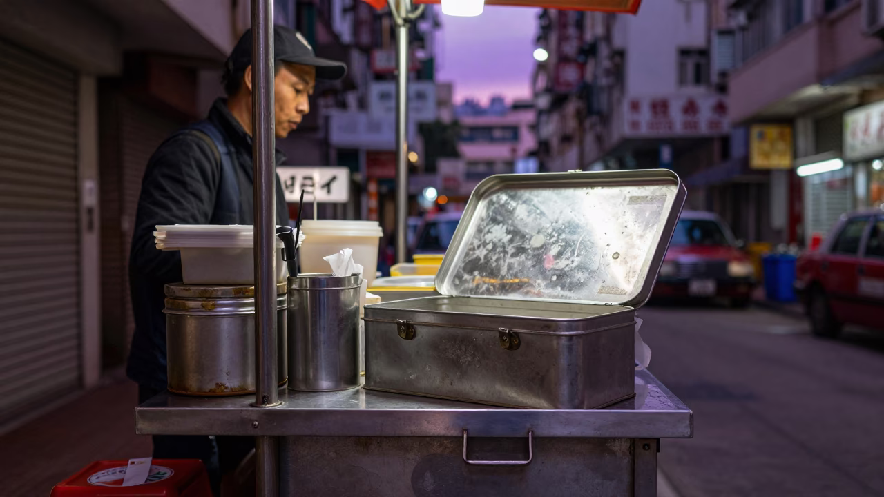 Twilight Street Food Vendor in Hong Kong Alleyway with Tin Box and Ceramic Bowl in in Hong Kong, Hong Kong