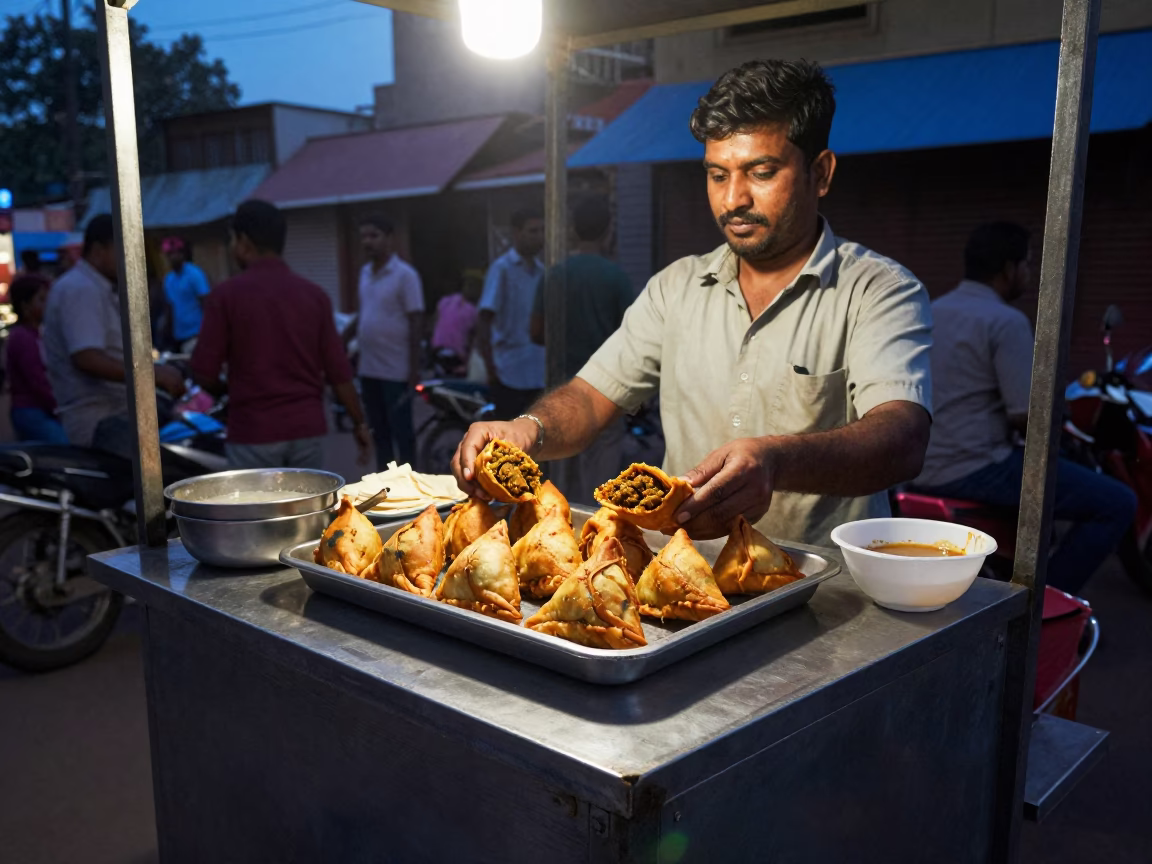 Twilight Street Food Vendor in Hyderabad India Serving Hot Samosas to Commuters in in Hyderabad, India