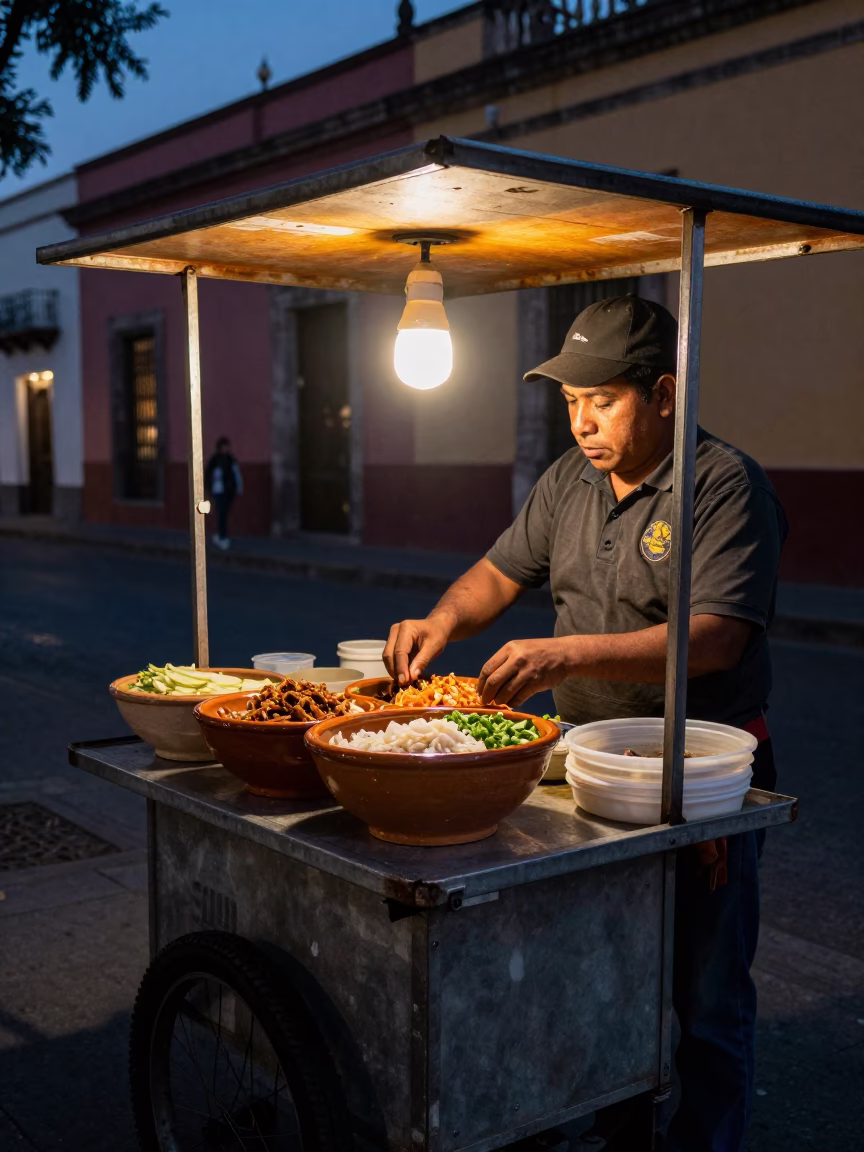 Twilight Street Food Vendor in Mexico City with Ceramic Bowl and Wicker Shadow in in Mexico City, Mexico