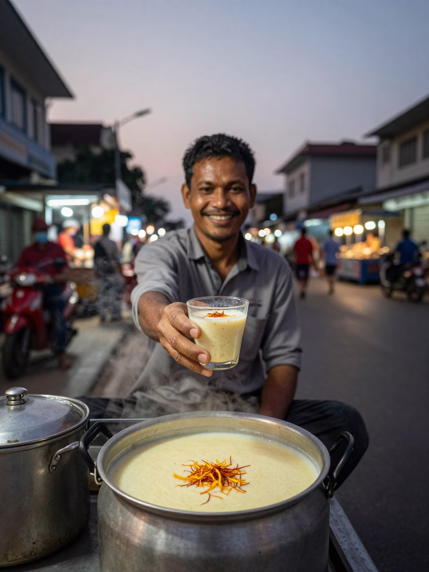 Twilight Street Food Vendor in Phnom Penh Cambodia Serving Kheer with Saffron in in Phnom Penh, Cambodia