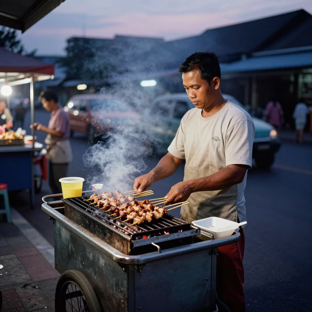 Twilight street food vendor in Phuket Thailand grilling meat skewers with motorcycle traffic in in Phuket, Thailand