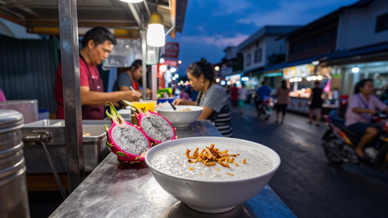 Twilight Street Food Vendor in Phuket Thailand with Dragon Fruit and Congee in in Phuket, Thailand