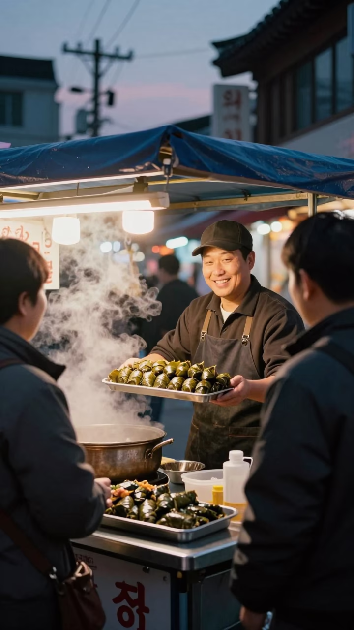 Twilight Street Food Vendor in Seoul South Korea with Traditional Korean Cuisine in in Seoul, South Korea
