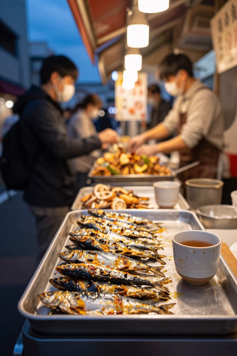 Twilight Street Food Vendor in Tokyo Japan Selling Sardines and Tea in in Tokyo, Japan