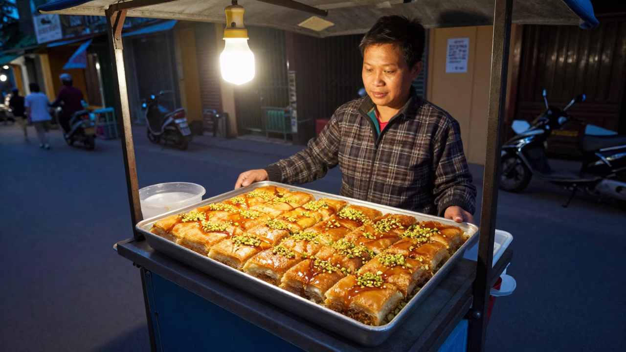 Twilight Street Food Vendor Selling Knafeh in Hanoi Vietnam with Local Customers in in Hanoi, Vietnam