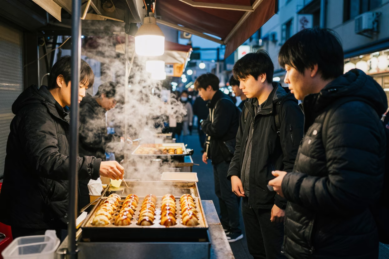 Twilight street food vendor selling takoyaki in Tokyo Japan with customers in in Tokyo, Japan