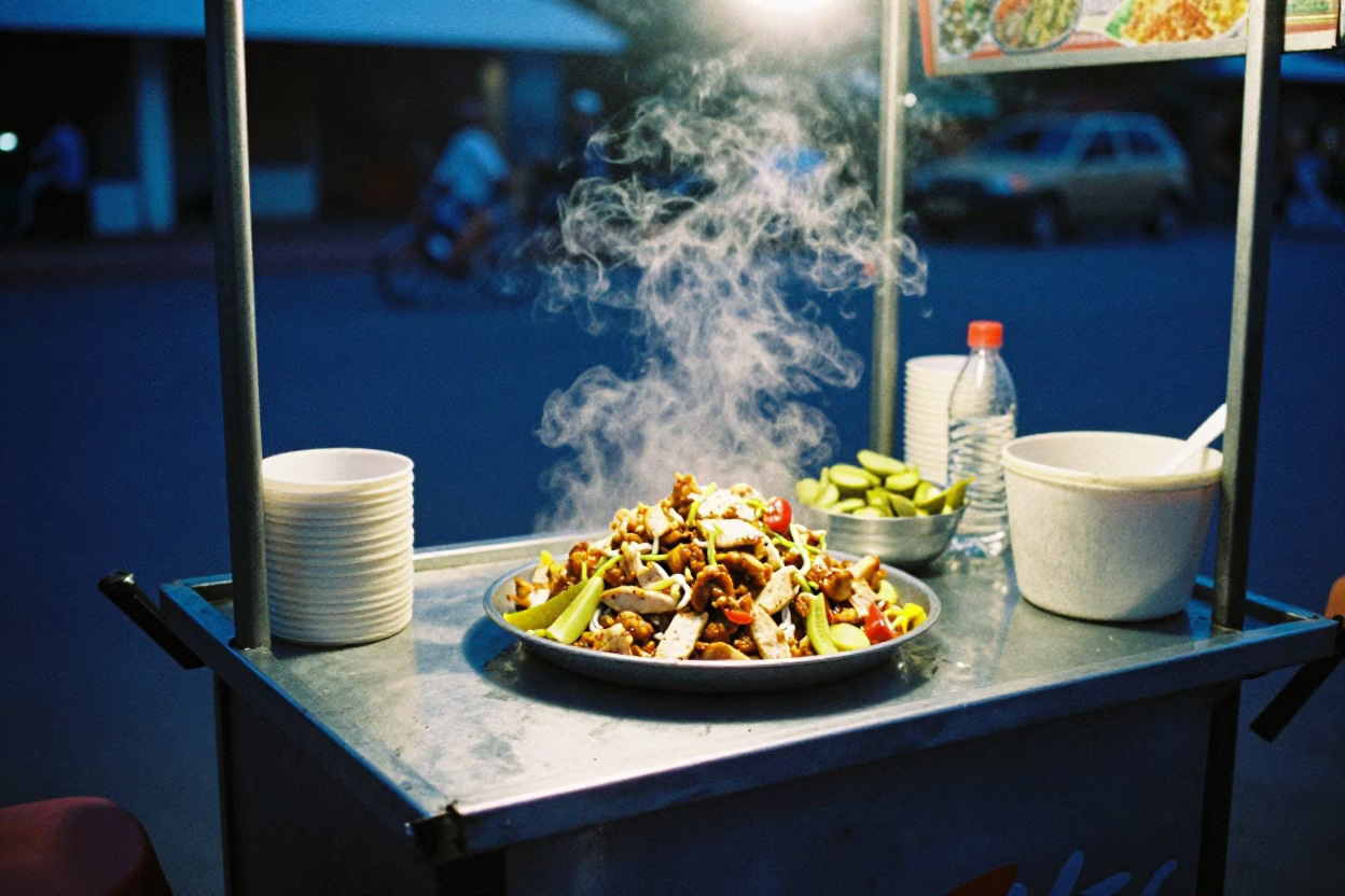 Twilight Street Food Vendor Serving Chicken Shawarma in Phnom Penh Cambodia in in Phnom Penh, Cambodia