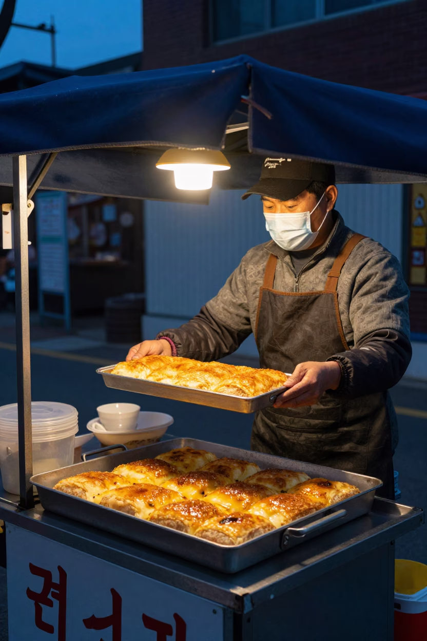 Twilight Street Food Vendor Serving Kunafa in Seoul South Korea in in Seoul, South Korea