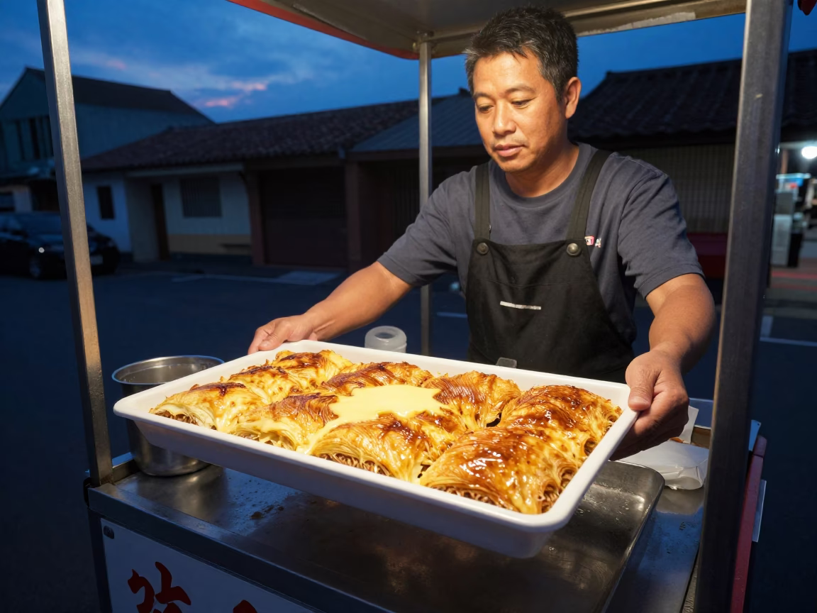 Twilight street food vendor serving kunafa with melted cheese in Tainan Taiwan in in Tainan, Taiwan