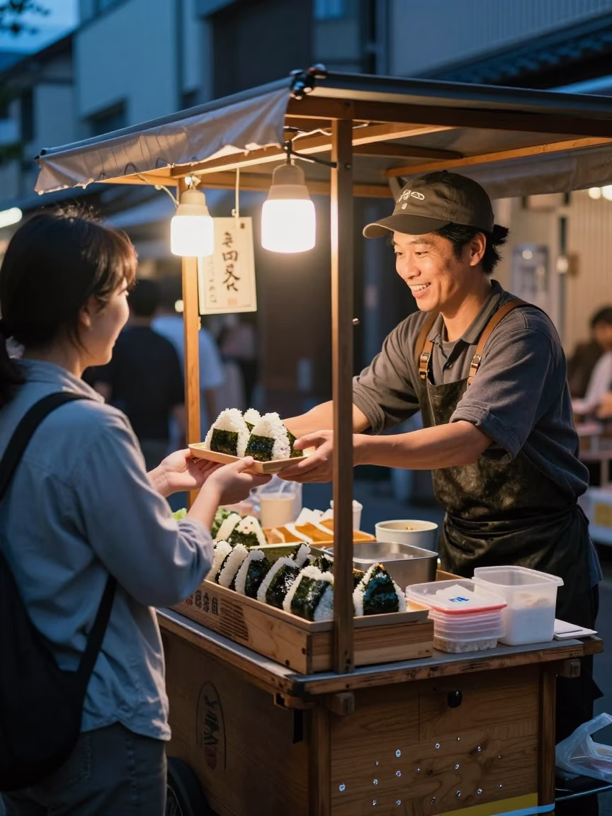 Twilight street food vendor serving onigiri in Fukuoka Japan bustling evening scene in in Fukuoka, Japan