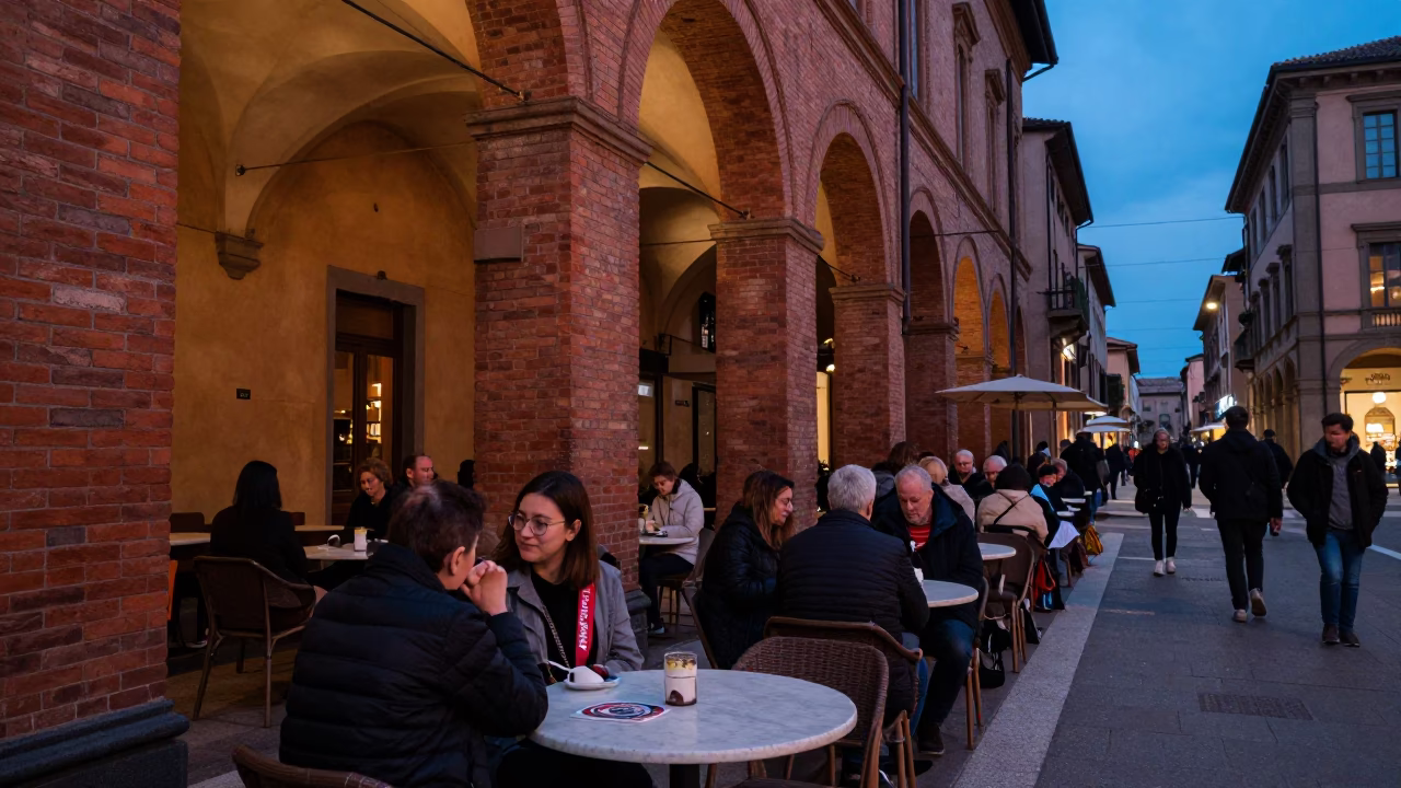 Twilight Street Life in Bologna Italy with Coaster and Traditional Elements in in Bologna, Italy