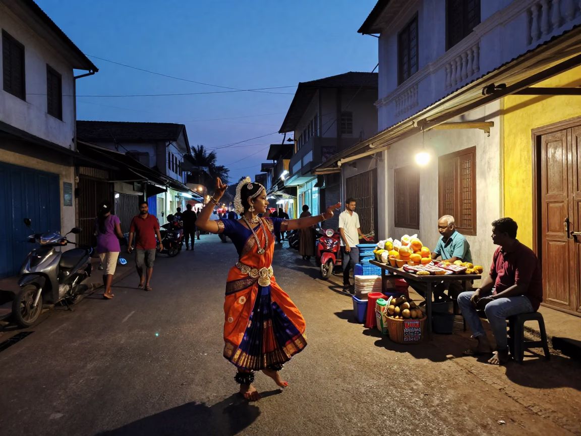 Twilight Street Life in Kochi India with Dancer and Urban Details in in Kochi, India