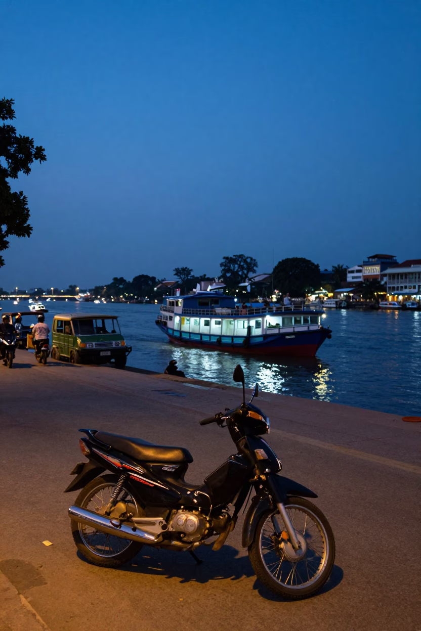 Twilight Street Life in Phnom Penh Cambodia with Motorcycle and Cargo Ship in in Phnom Penh, Cambodia
