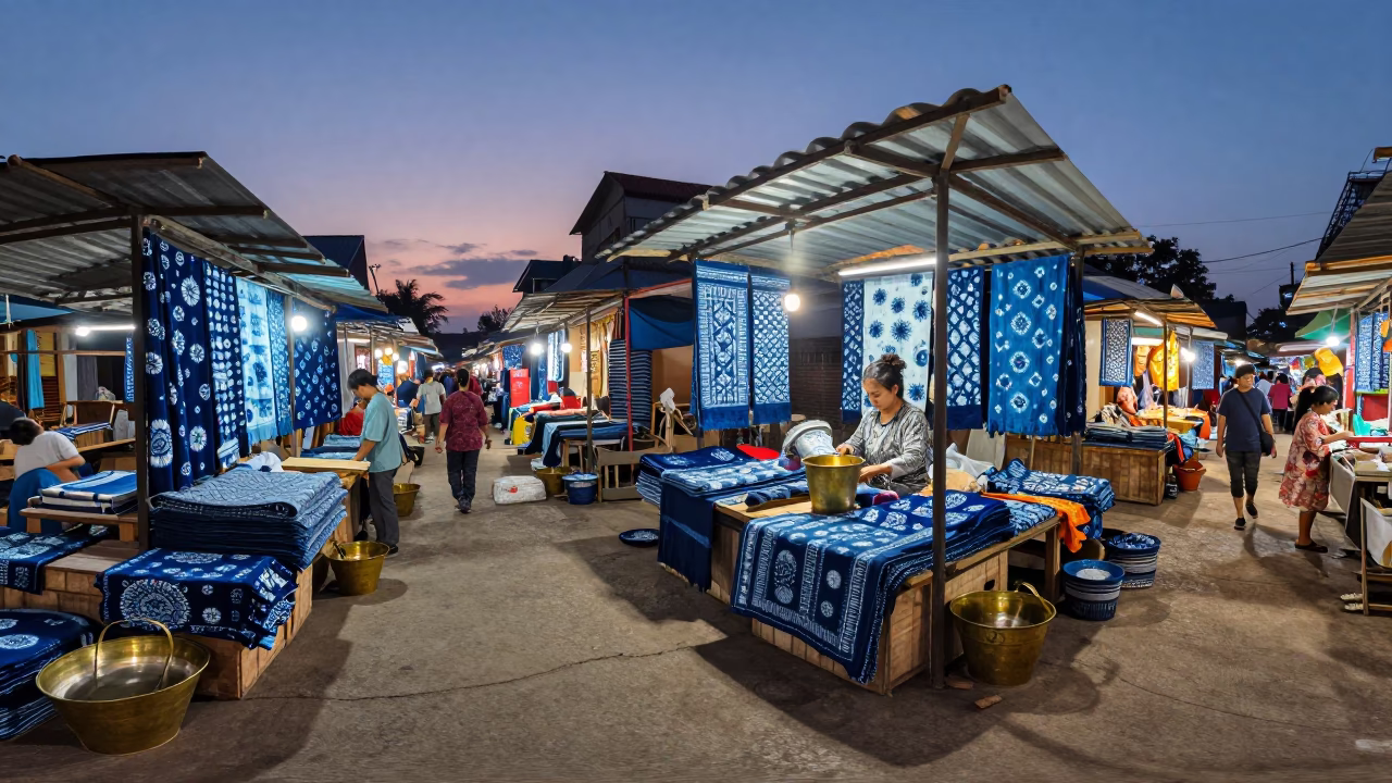Twilight Street Market Scene in Phnom Penh Cambodia with Brass Bucket and Fabric in in Phnom Penh, Cambodia