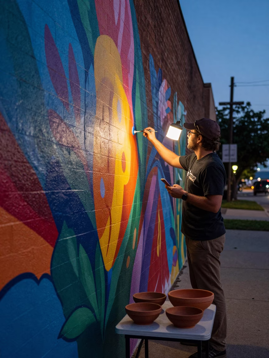 Twilight Street Mural Painting in Austin Texas by Local Artist with Terracotta Bowls Nearby in in Austin, Texas, United States