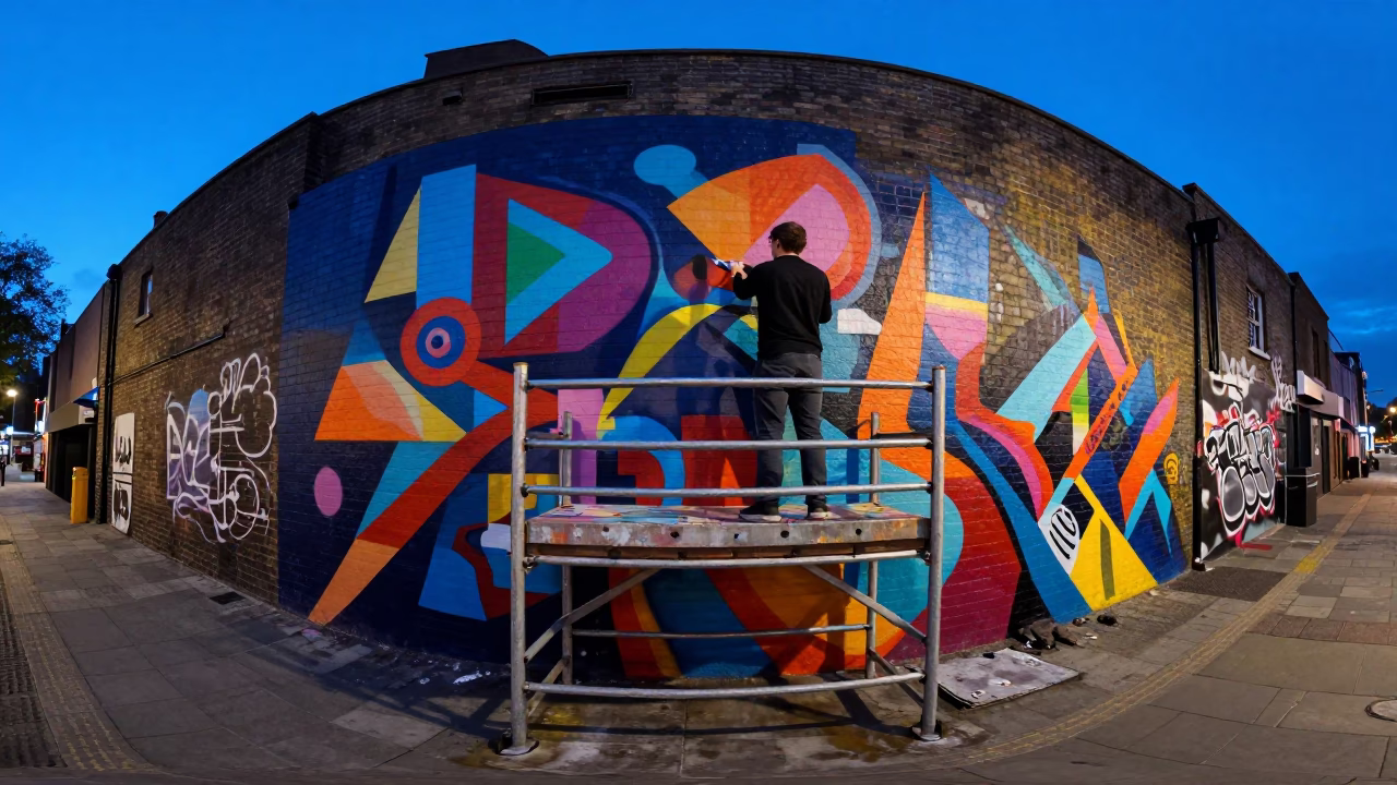 Twilight Street Mural Painting in East London Urban Alleyway with Local Artist in in London, United Kingdom