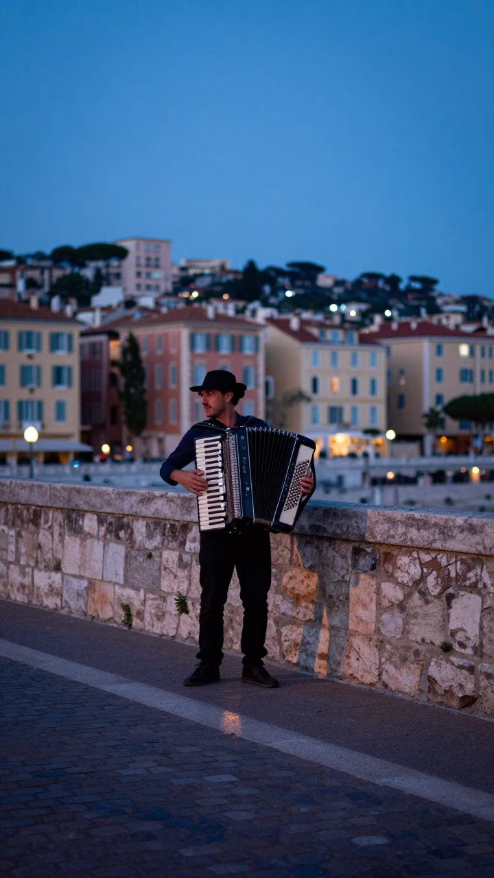 Twilight Street Musician Playing Accordion on Cobblestone Bridge in Nice France in in Nice, France