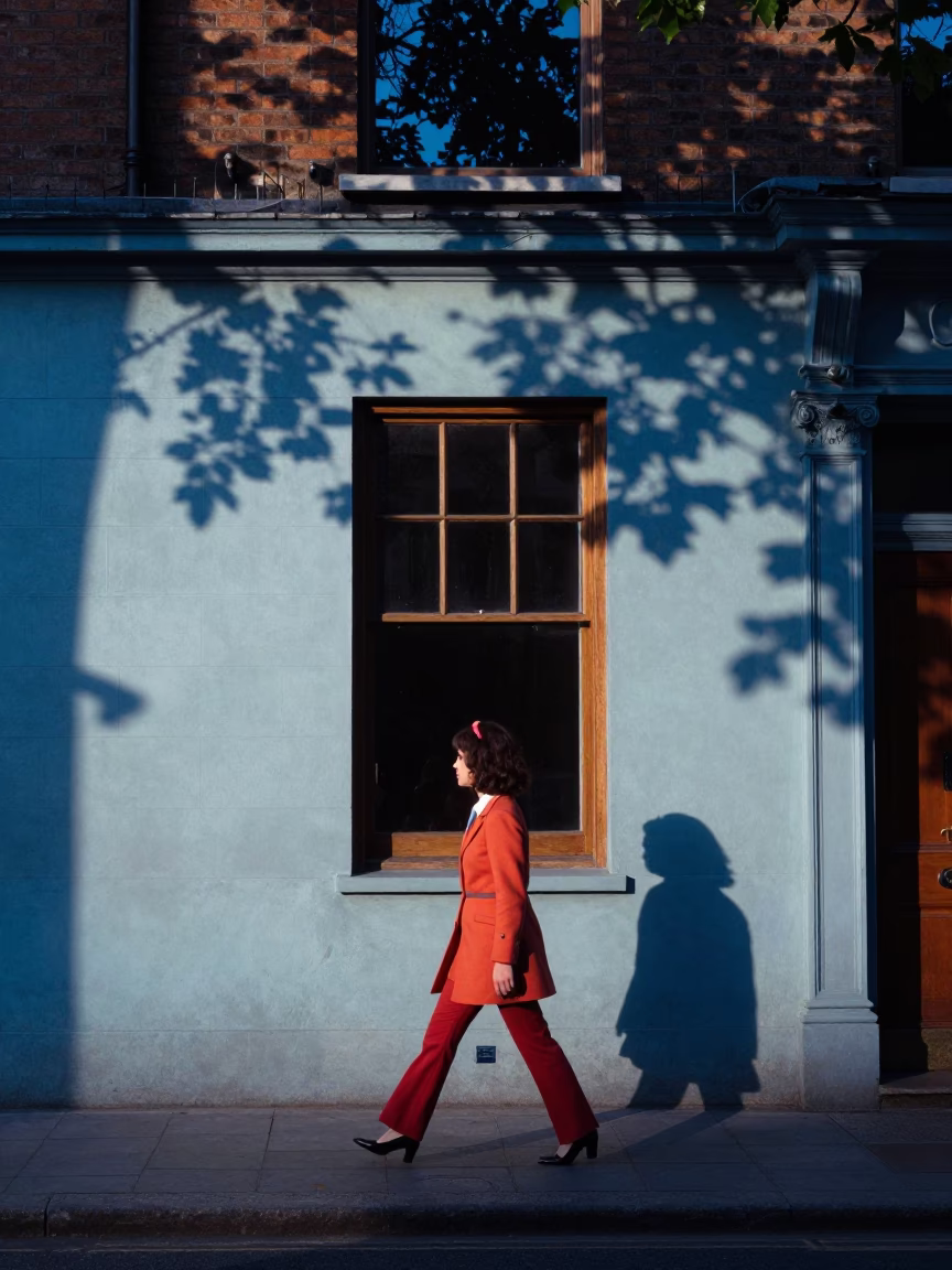 Twilight Street Photography in Dublin Ireland with Leaf Shadows and Vintage Fashion in in Dublin, Ireland