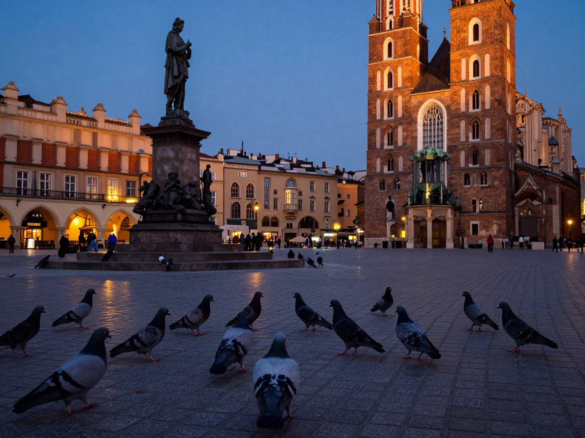 Twilight Street Photography in Krakow Poland with Pigeons and Urban Evening Light in in Krakow, Poland