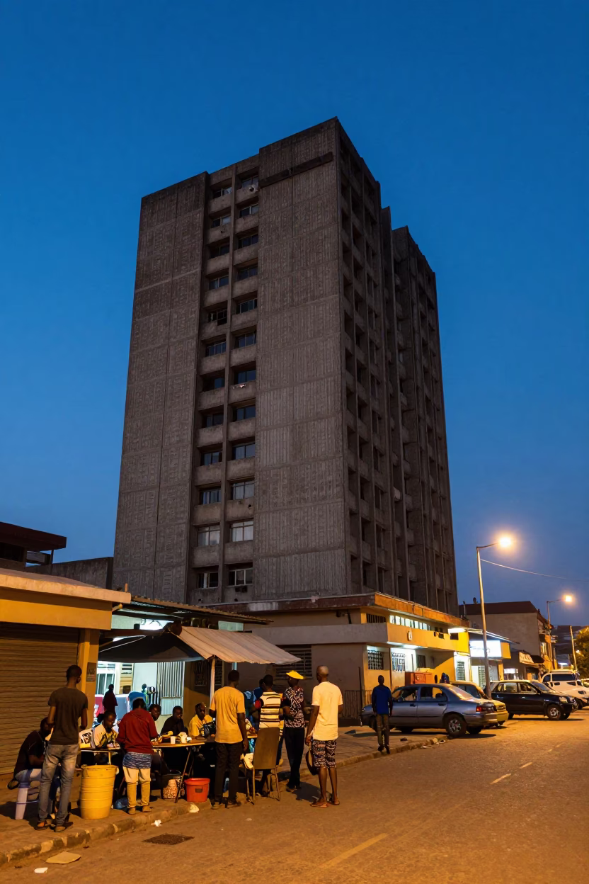 Twilight Street Scene in Accra Ghana with Brutalist Concrete Tower and Local Market Activity in in Accra, Ghana