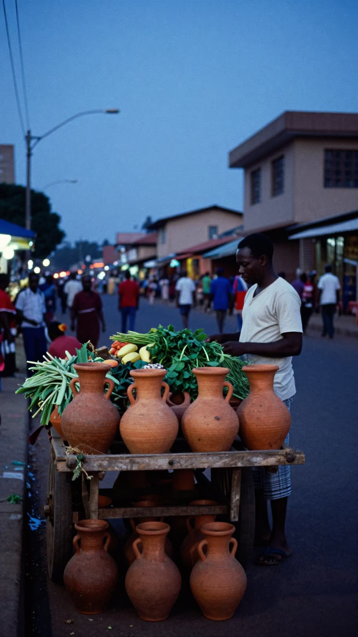 Twilight Street Scene in Accra Ghana with Clay Pots and Local Commerce in in Accra, Ghana