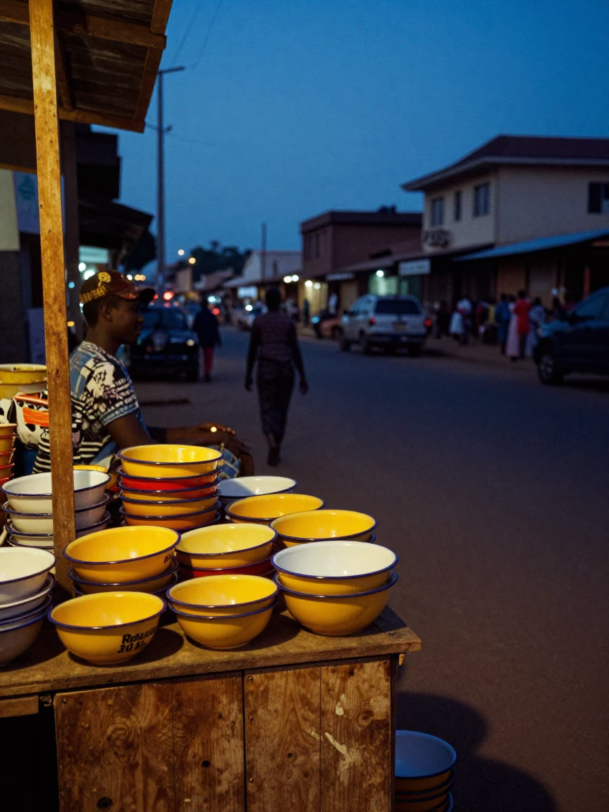 Twilight Street Scene in Accra Ghana with Colorful Enamel Bowls and Local Market Activity in in Accra, Ghana