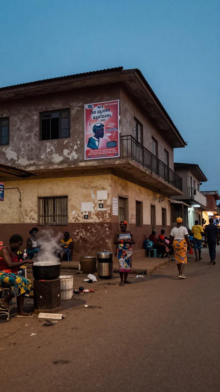 Twilight Street Scene in Accra Ghana with Cooking Pot and Local Market Activity in in Accra, Ghana