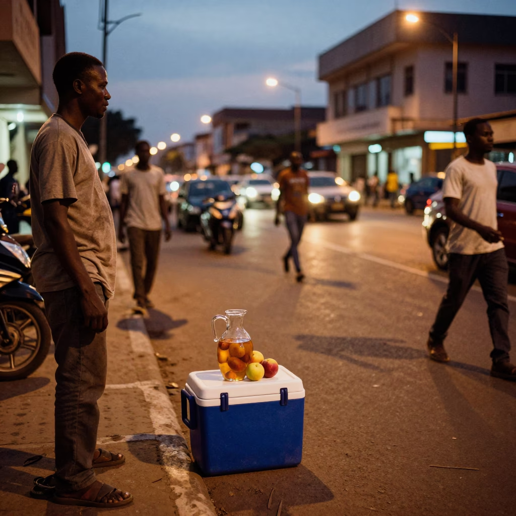 Twilight Street Scene in Accra Ghana with Cooler Jug and Nectarines in in Accra, Ghana