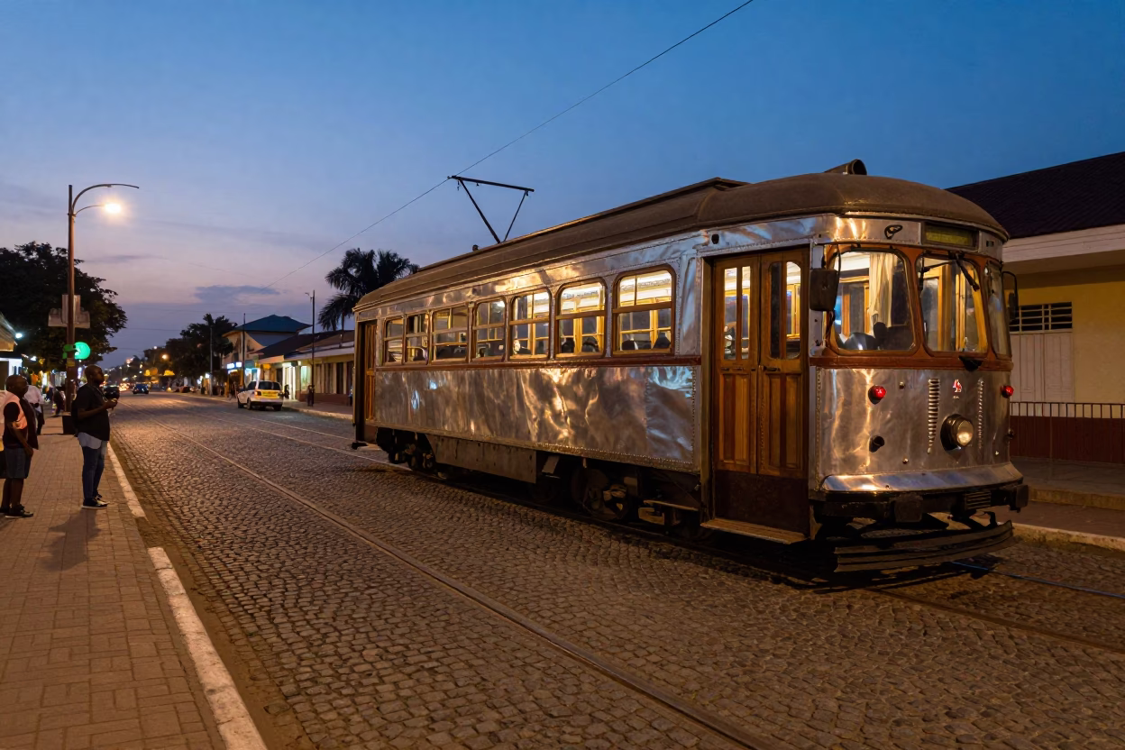Twilight street scene in Accra Ghana with heritage tram and cobblestone avenue in in Accra, Ghana