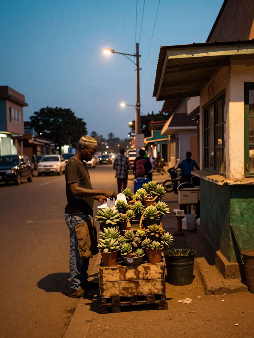Twilight Street Scene in Accra Ghana with Local Vendor and Succulents in in Accra, Ghana