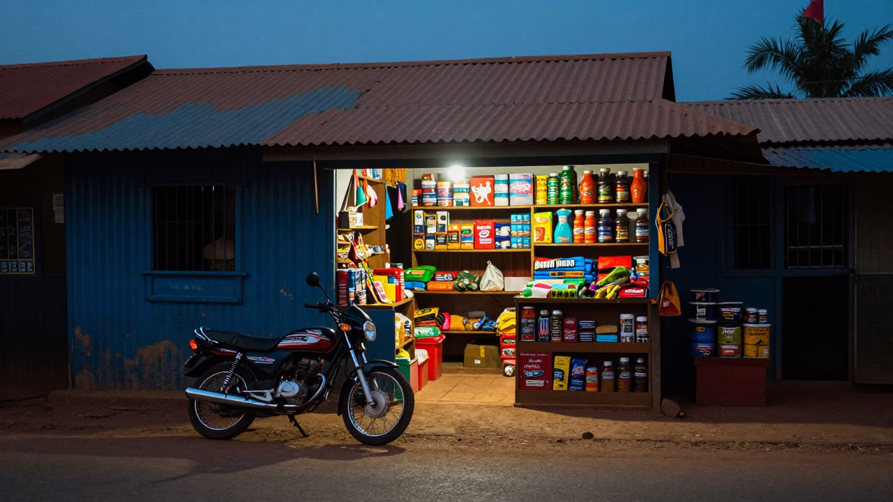 Twilight Street Scene in Accra Ghana with Motorcycle and Local Commerce in in Accra, Ghana