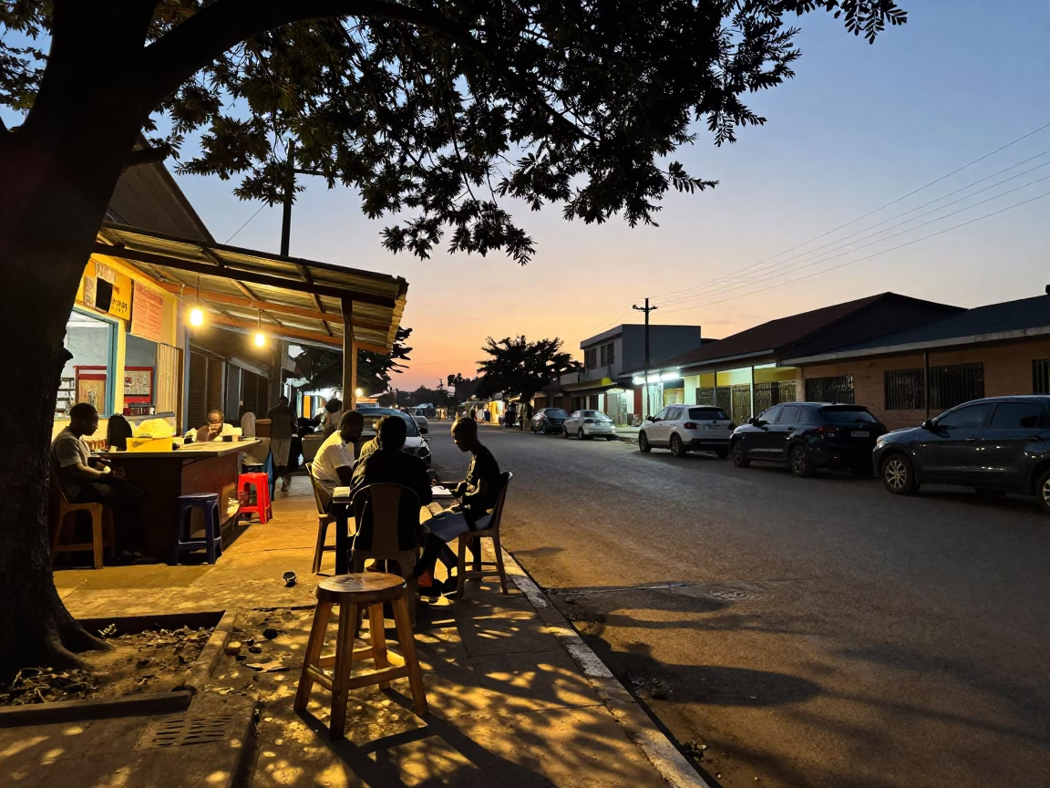 Twilight Street Scene in Accra Ghana with Outdoor Dining and Natural Light in in Accra, Ghana