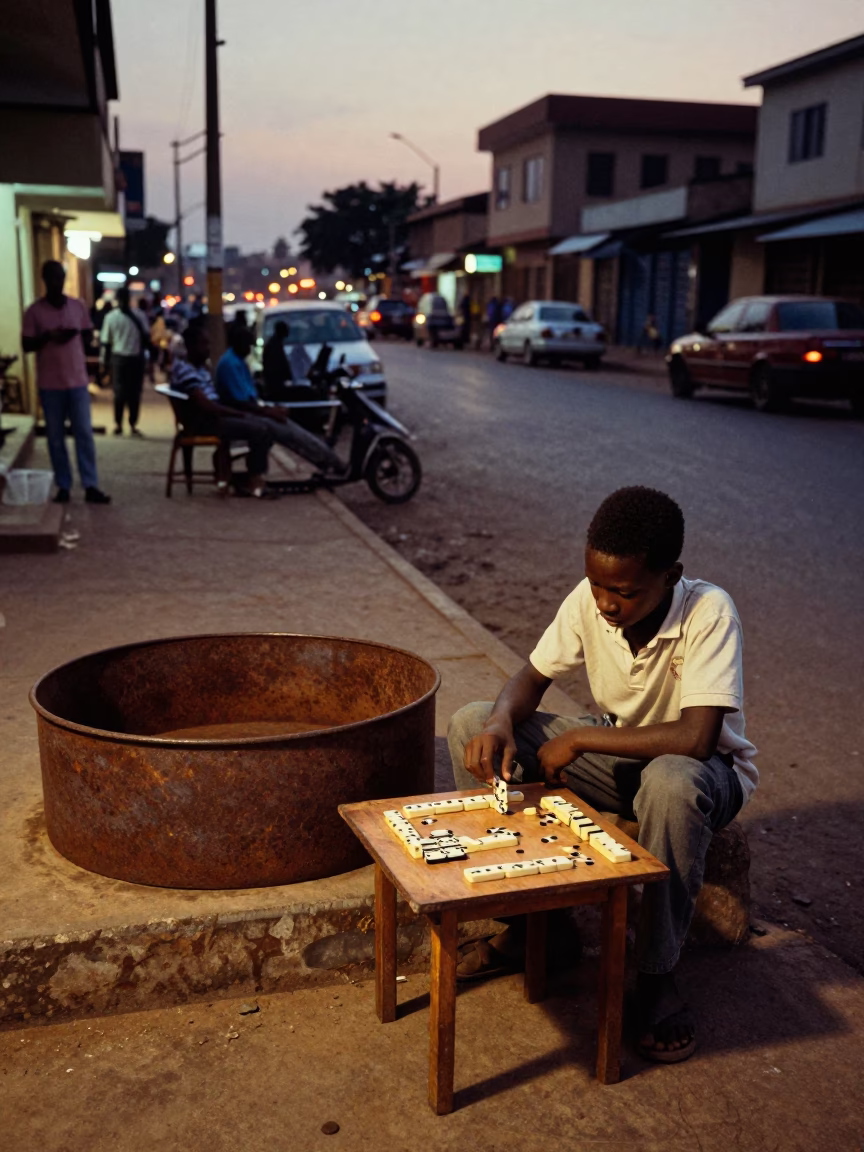 Twilight Street Scene in Accra Ghana with Rusty Basin and Domino Game in in Accra, Ghana
