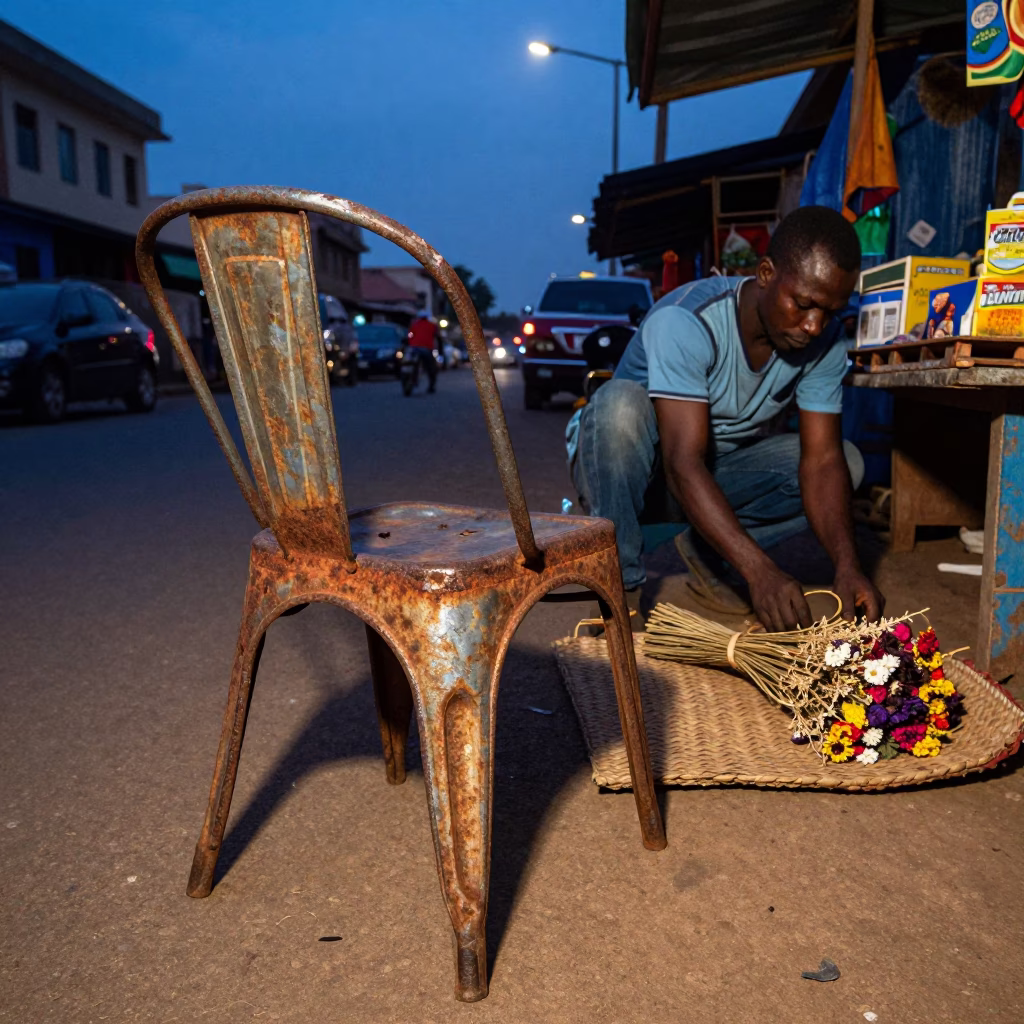 Twilight Street Scene in Accra Ghana with Rusty Metal Chair and Dried Flowers in in Accra, Ghana