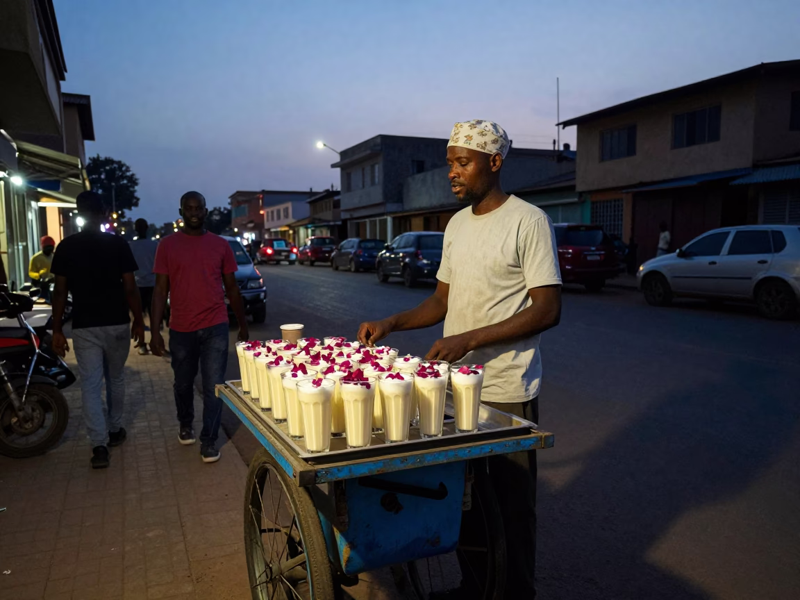 Twilight Street Scene in Accra Ghana with Vendor Selling Lassi and Fresh Produce in in Accra, Ghana
