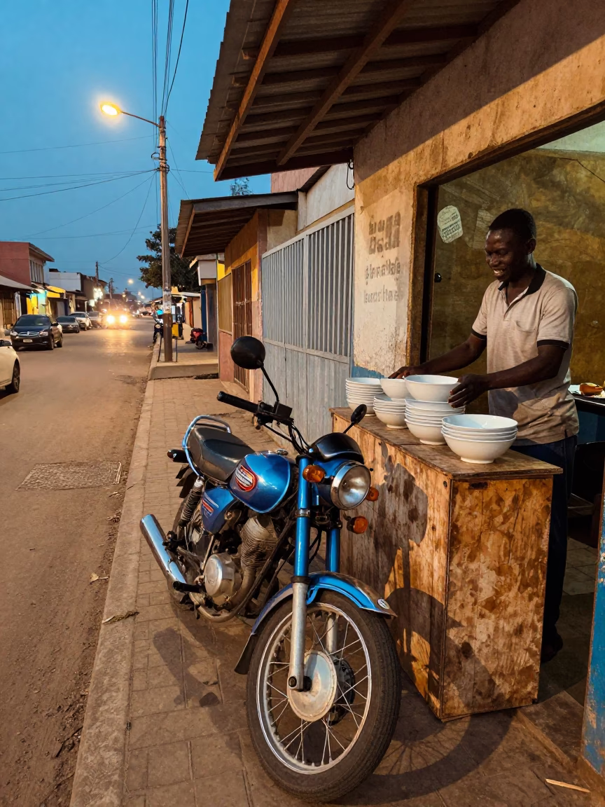 Twilight Street Scene in Accra Ghana with Vintage Motorcycle and Blue Porcelain Bowl in in Accra, Ghana