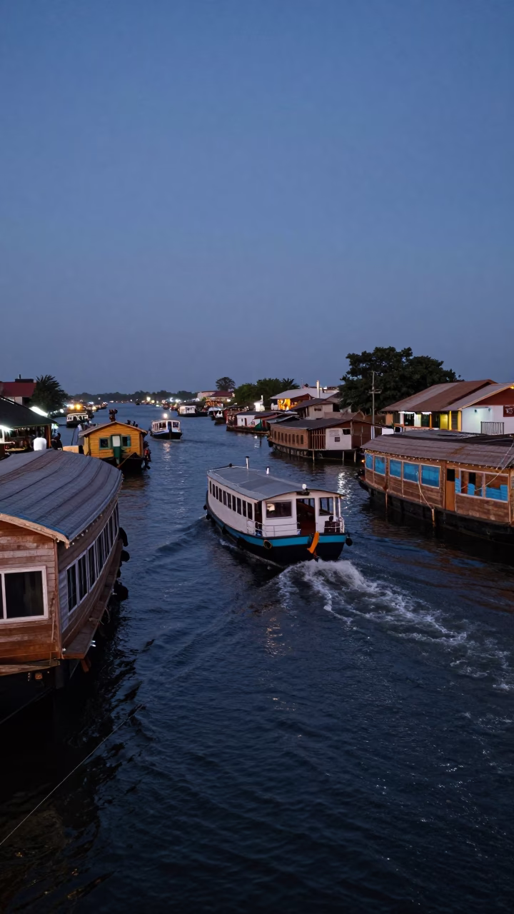Twilight Street Scene in Accra Ghana with Water Taxi and Canal Houseboats in in Accra, Ghana