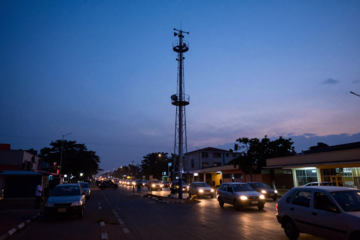 Twilight Street Scene in Accra Ghana with Weather Station Mast and Urban Life in in Accra, Ghana