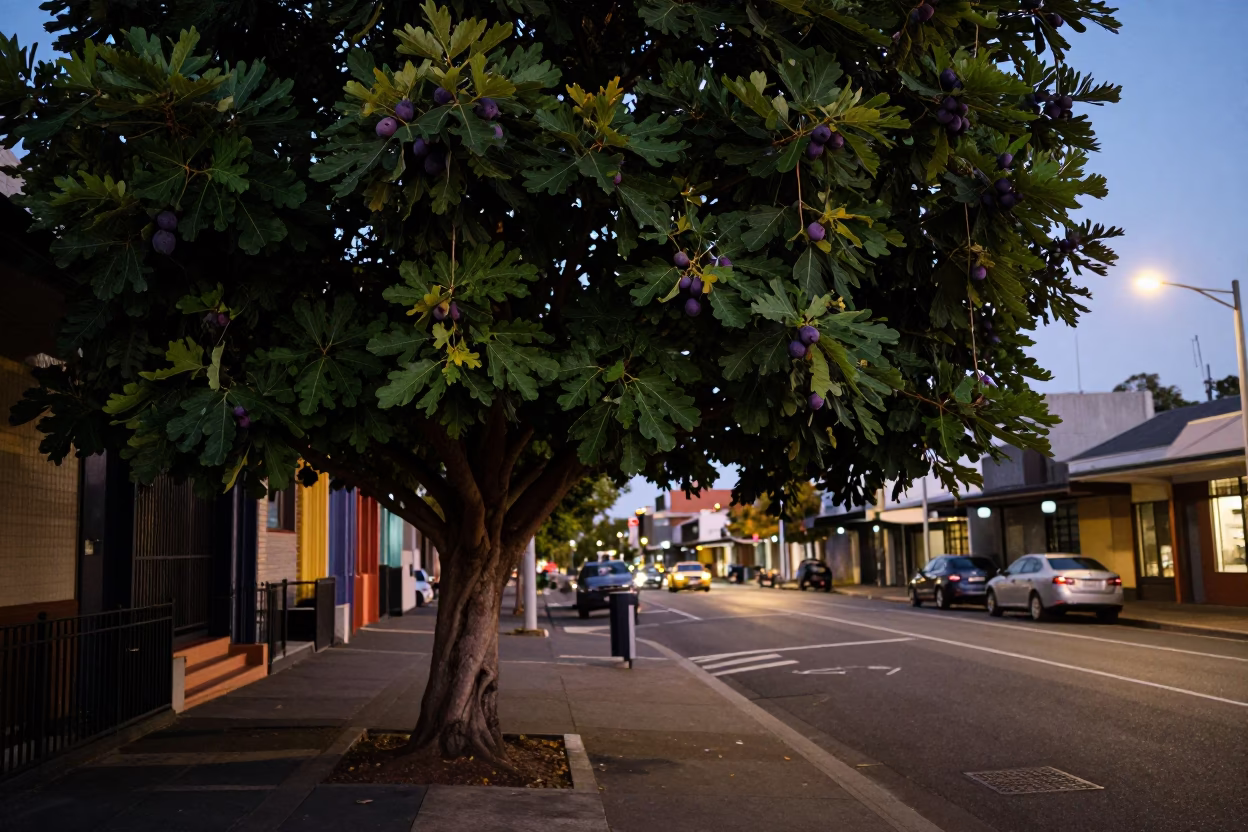 Twilight Street Scene in Adelaide South Australia with Fig Tree and Urban Details in in Adelaide, South Australia, Australia