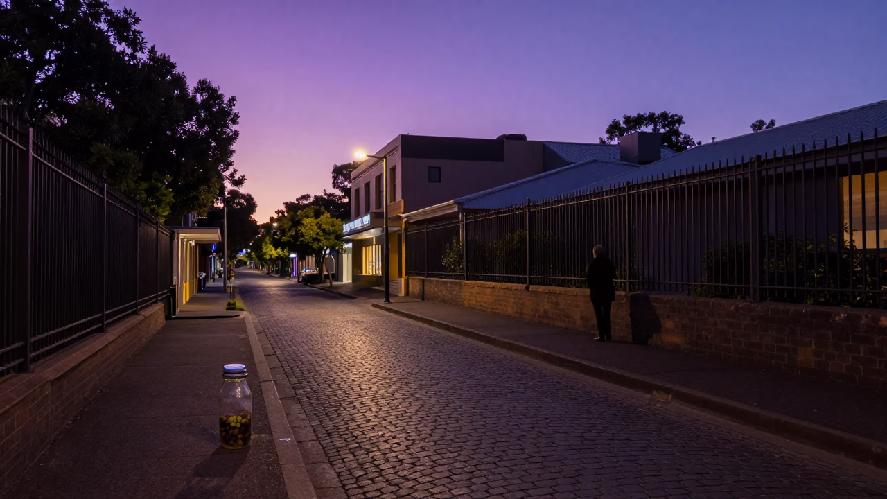Twilight Street Scene in Adelaide South Australia with Glass Jar and Grapes in in Adelaide, South Australia, Australia