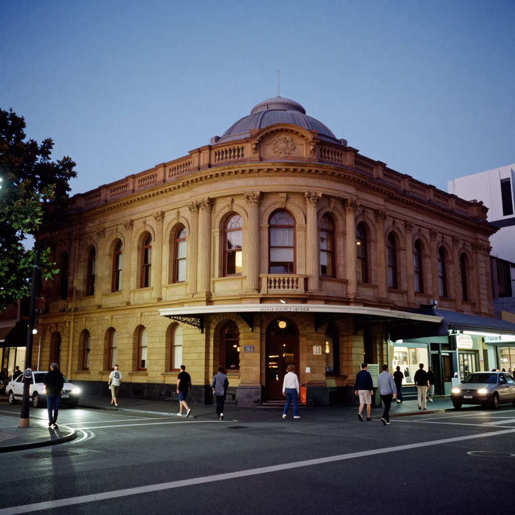 Twilight Street Scene in Adelaide South Australia with Heritage Architecture and Urban Life in in Adelaide, South Australia, Australia