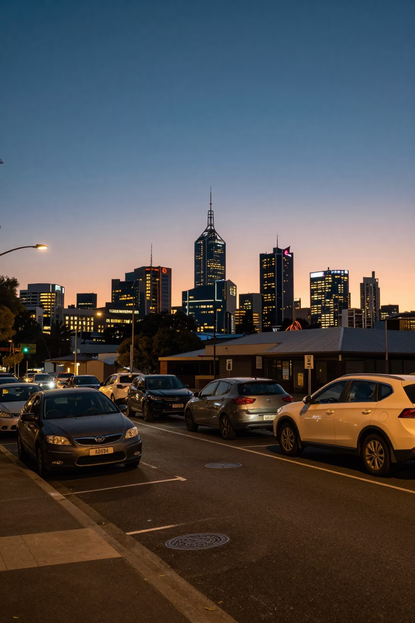 Twilight street scene in Adelaide South Australia with parked cars and lit storefronts in in Adelaide, South Australia, Australia