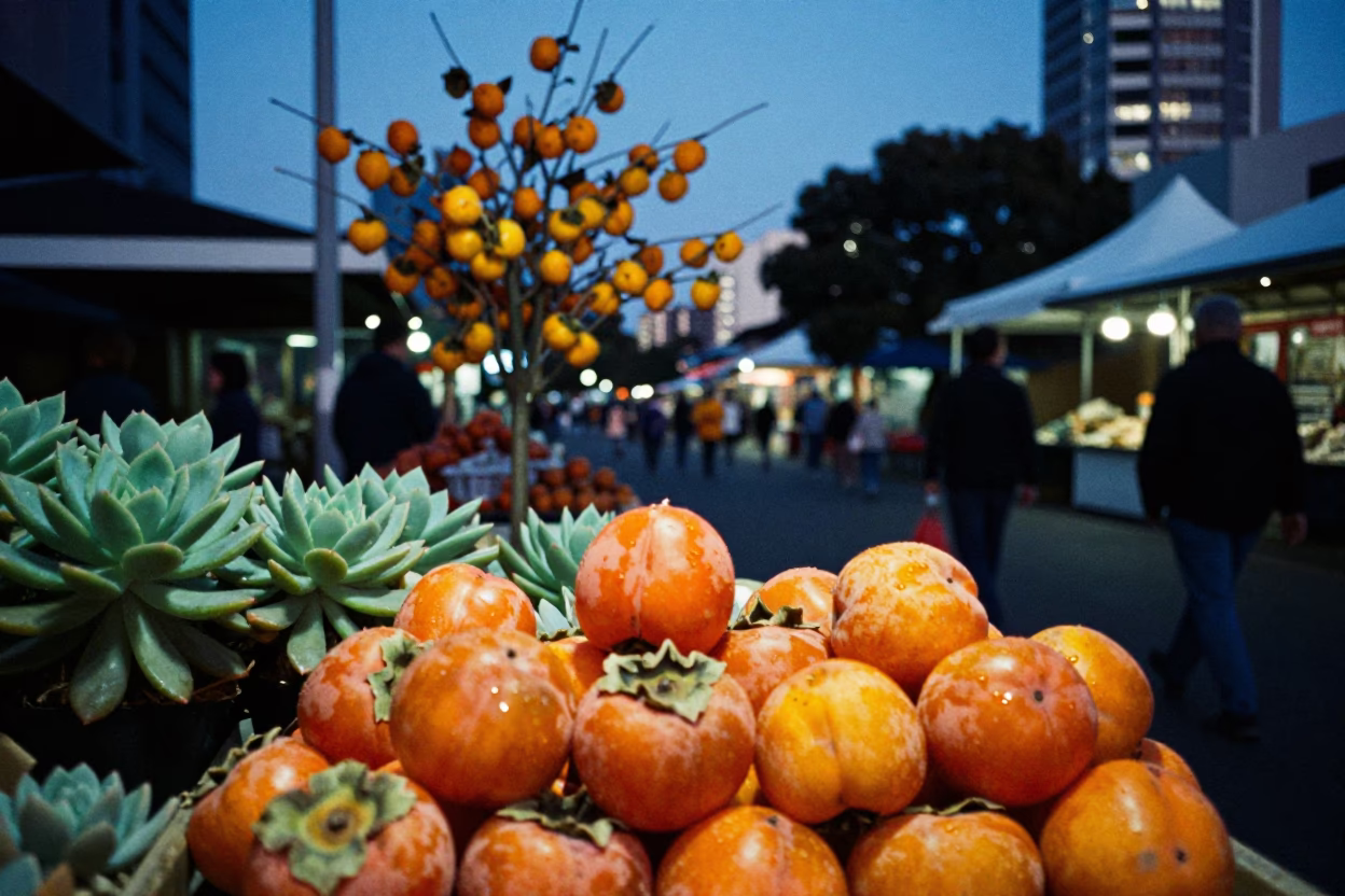 Twilight Street Scene in Adelaide South Australia with Persimmons and Succulents in in Adelaide, South Australia, Australia