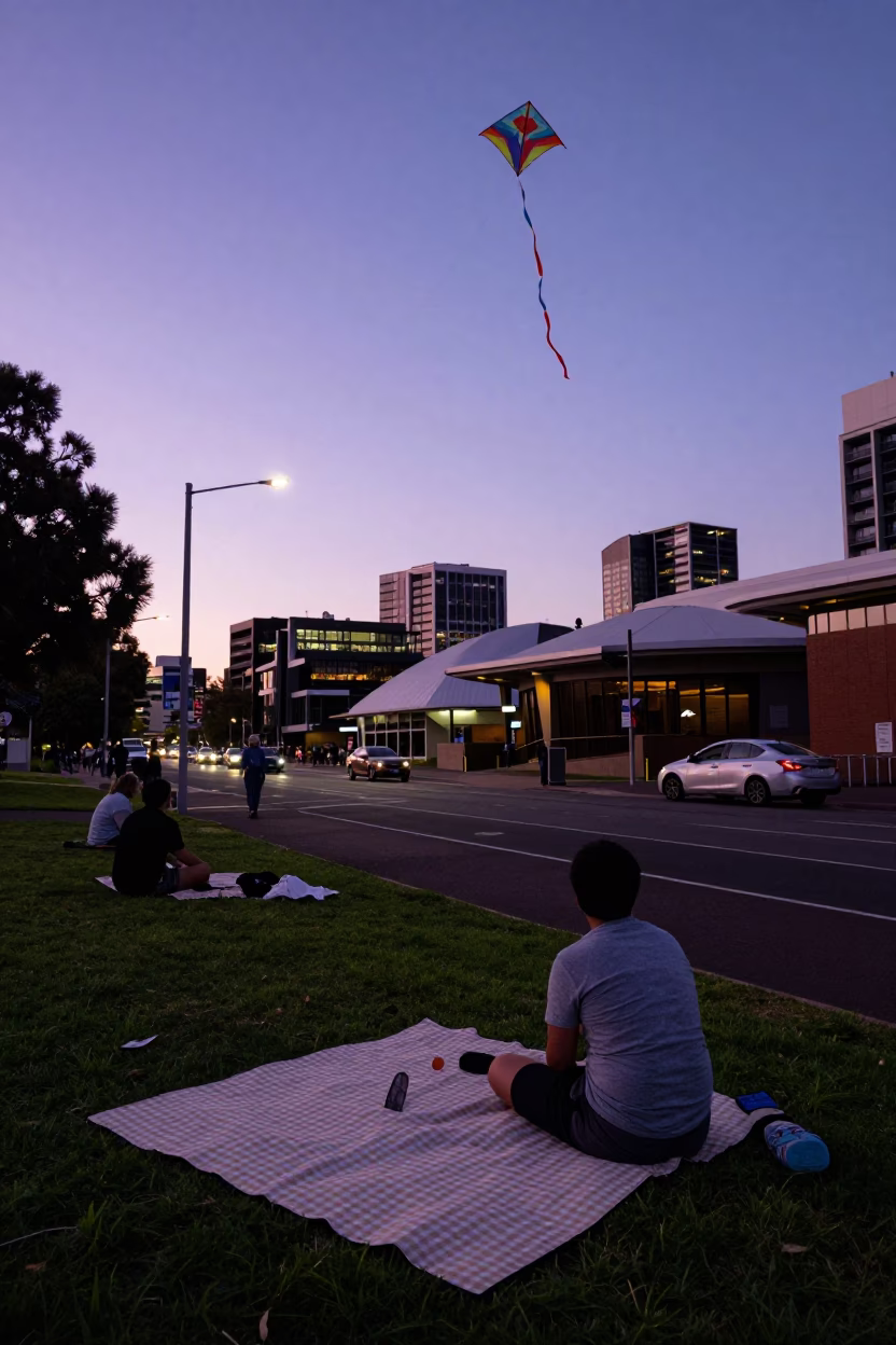Twilight Street Scene in Adelaide South Australia with Picnic Blanket and Kites in in Adelaide, South Australia, Australia