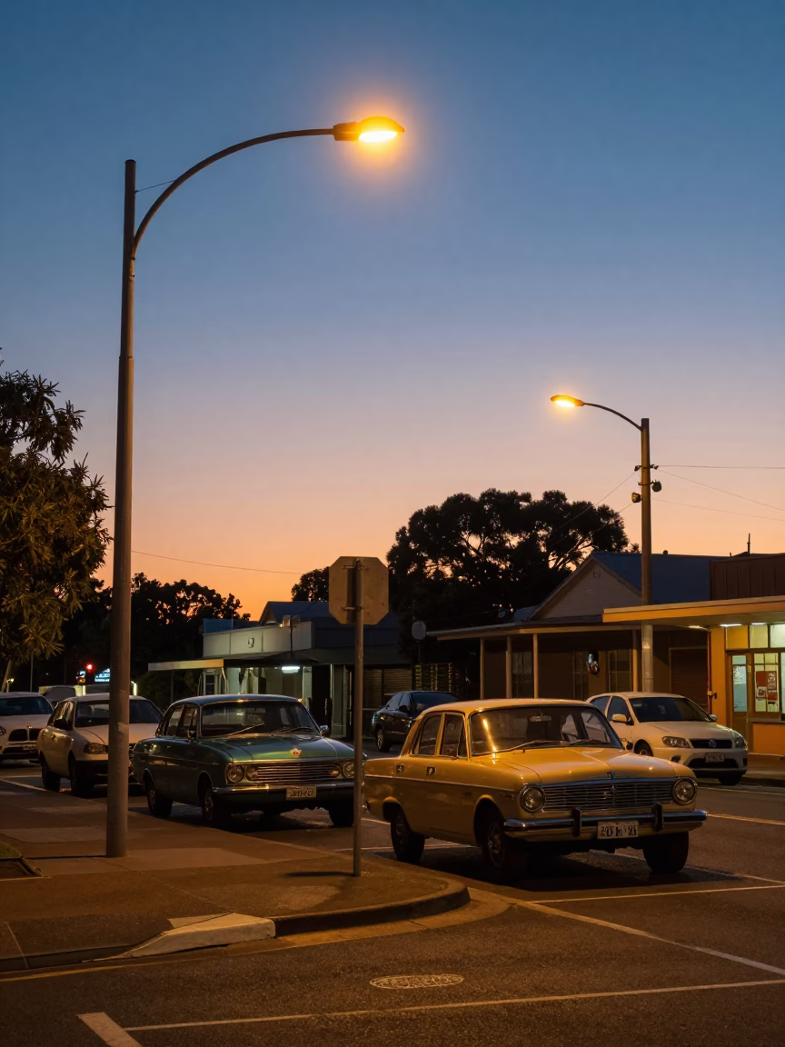 Twilight Street Scene in Adelaide South Australia with Vintage Cars and Streetlights in in Adelaide, South Australia, Australia
