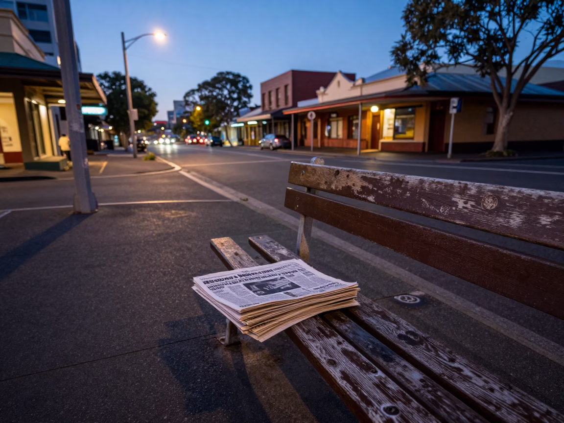 Twilight Street Scene in Adelaide South Australia with Vintage Newspaper Stack and Park Bench in in Adelaide, South Australia, Australia